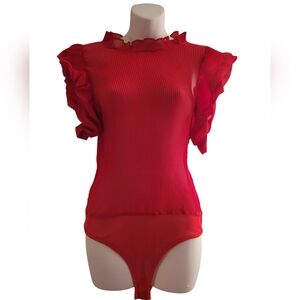 Red Sheer Ruffled Flutter Sleeve Bodysuit